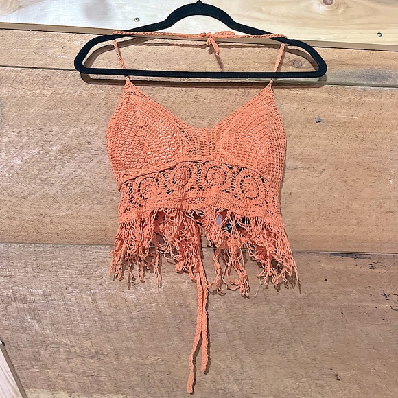 SHEIN CROTCHET TANK TOP CROPPED DISTRESSED ORANGE - Picture 2 of 8